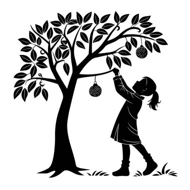 Ağacı şenlikli süslerle süsleyen, beyaz arka planda izole edilmiş neşe ve tatil ruhunu simgeleyen genç bir kızın vektör silueti.