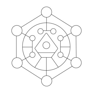 Birbirine bağlı çember ve çizgilerle vektör kompleksi geometrik sembolü beyaz arkaplanda izole edilmiş altıgen bir yapı oluşturur.