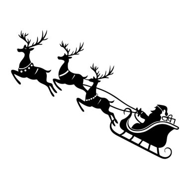 Vector Noel Baba üç ren geyiği tarafından çekilen kızakla uçuyor. Beyaz arka planda izole edilmiş klasik bir Noel tatili sahnesi.