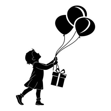 Elinde balonlar ve hediye kutusu olan vektör çocuk, beyaz arka planda izole edilmiş bir doğum gününü veya özel bir olayı kutluyor.