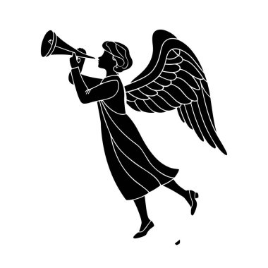 Vector black silhouette of an angel with wings blowing a trumpet, symbolizing divine announcement, isolated on white background