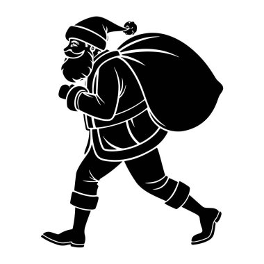 Vektör Noel Baba omzunda büyük bir çuvalla yürüyor, beyaz arka planda izole edilmiş hediyeler dağıtıyor.