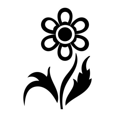 Beyaz arka planda izole edilmiş, altı taç yaprağı ve iki yaprağı olan basit bir çiçeğin siyah silüeti.