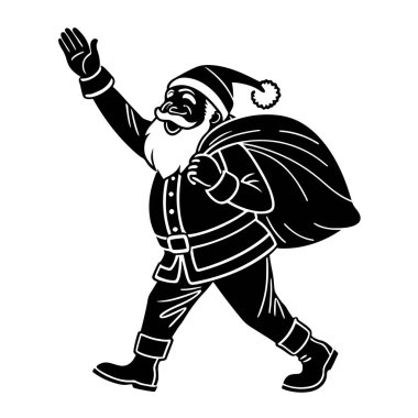 Noel Baba 'nın yürüdüğünü, el salladığını ve beyaz arka planda izole edilmiş büyük bir hediye çantası taşıdığını gösteren siyah beyaz bir temsilci.