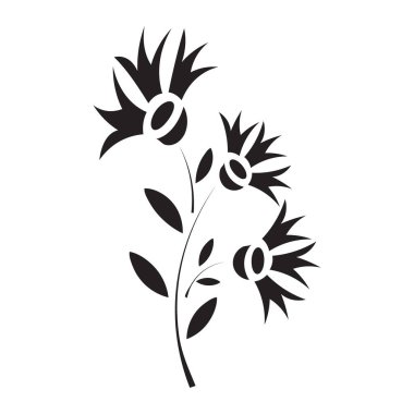 Yapraklı bir gövde üzerinde üç soyut çiçeğin yer aldığı siyah ve beyaz renkli vektör çizimi