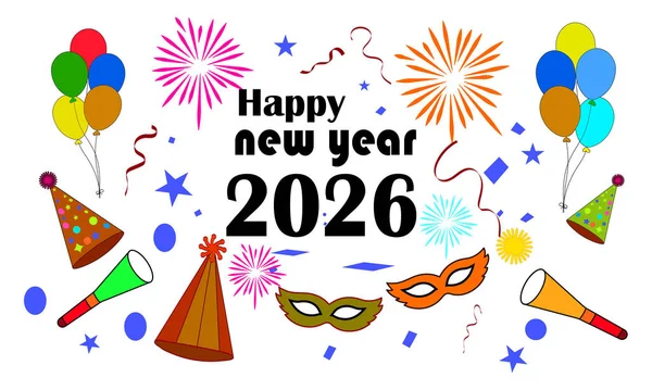 Renkli Yeni Yıl 2026 Havai fişekler, Balonlar ve Parti Dekorasyonları ile Kutlama