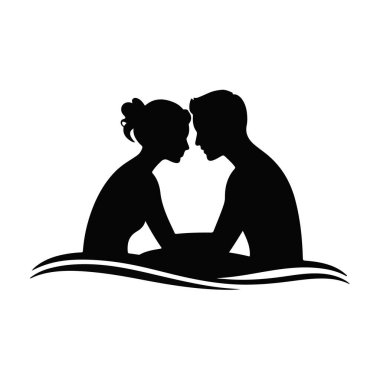 El ele tutuşan siluet çift romantik ilişkiyi seviyor. Gün batımında plaj minimalist siyah beyaz sanat.