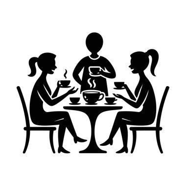 Üç kadın minimalist düz tasarım tarzında yuvarlak masada kahve molası veriyor.