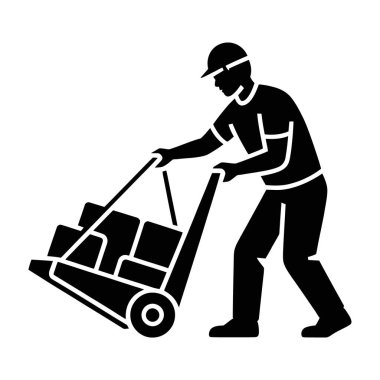 İnşaat işçisi düz tasarım vektör illüstrasyonunda el arabası ile ağır yük taşıyor.