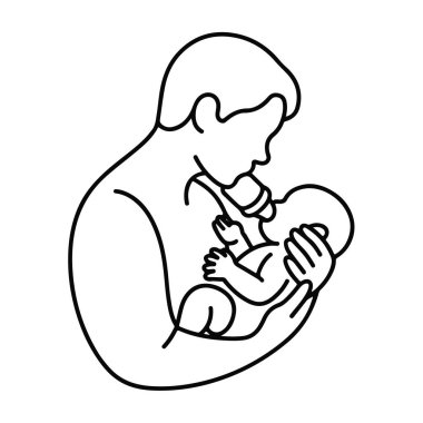 Anne Şefkatle Yeni Doğan Bebeği Basit Çizgi Sanatında Tutuyor