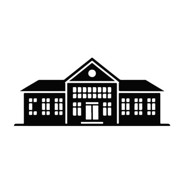 Gabled Çatı ve Geniş Pencereli Siyah ve Beyaz Okul Bina Simgesi