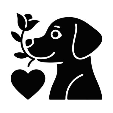 Happy Dog Smelling Flower with Heart Symbol, Black Silhouette Illustration, Love and Pet Concept