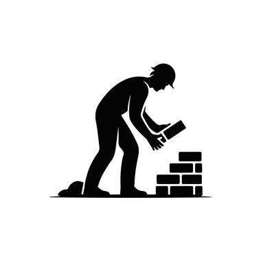 Mason Binası 'nın Silueti Tuğla Duvar, İnşaat İşçisi, Beyaz Arkaplanda İzole Edilmiş