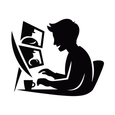 Modern Ofis 'te Bilgisayarda Çalışan Adam Kahve Kupası ile Yakın