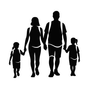 Sırt çantalarıyla Birlikte Yürüyen Dört Kişilik Aile, Beyaz Arkaplan Karşısında Siluetli