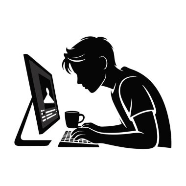 Kahveyle bilgisayarla çalışan adam, odaklanmış çalışma alanı, modern ofis düzeni.