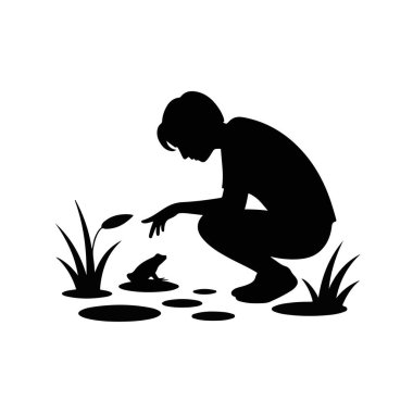 Child Silhouette Interacting with Frog in Pond Environment Illustration