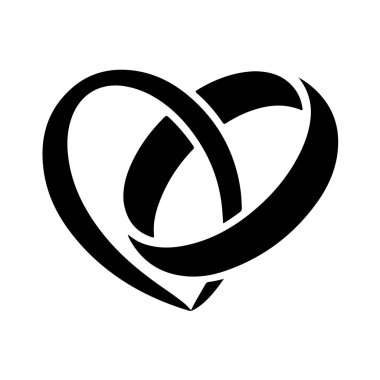 Siyah kalp şekli sembolü, birbirine dolanmış döngüler, aşk simgesi, beyaz arkaplan