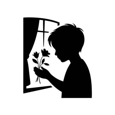 Pencerenin kenarında çiçek tutan, dışarıya bakan bir çocuğun silueti.