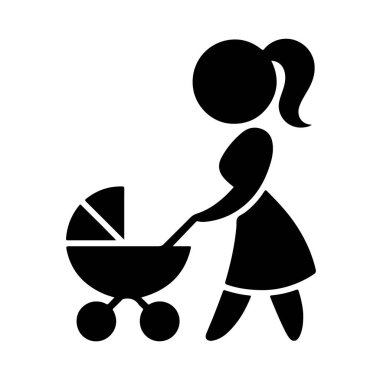 Siyah siluet bir kız bebek arabası itiyor, beyaz arka planda izole edilmiş.