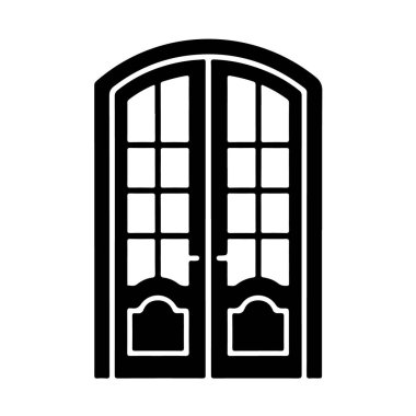 Pencereli kapalı ahşap kapıların siyah beyaz çizimi