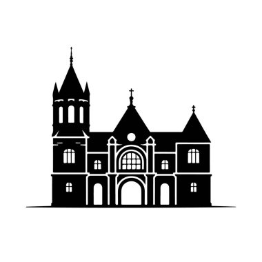Gotik kilise silueti, siyah-beyaz çizim, mimari tasarım, dini sembol