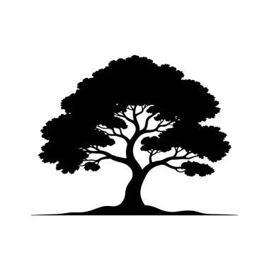 Beyaz arka planda ağaç silueti, geniş dalları ve yaprakları olan büyük siyah ağaç, doğal manzara elementi.