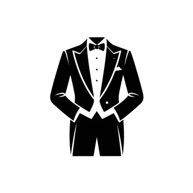 Beyaz detay içeren şık siyah smokin çizimi, resmi kıyafet.