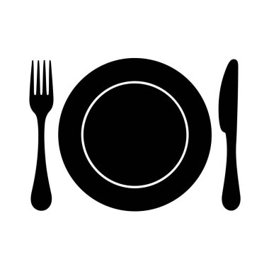 Beyaz arka planda çatallı ve bıçaklı siyah tabak, masa ayarlı.