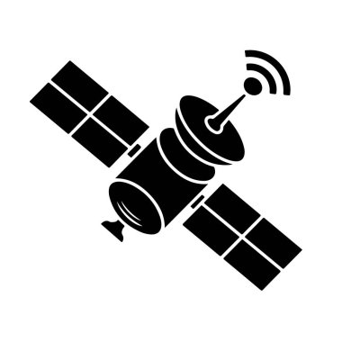 Uzayda sinyal dalgaları olan uydu simgesi, siyah ve beyaz resimleme