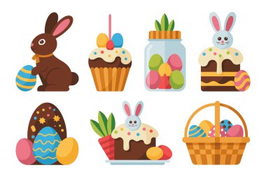 Paskalya tavşanı çikolatalı ikramlar ve süslü yumurtalar.