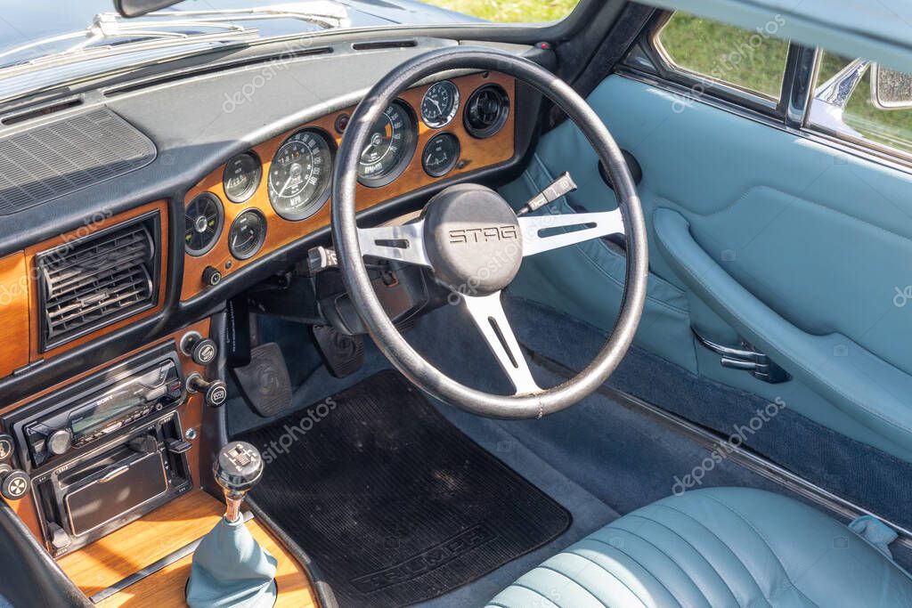 Close-up of Triumph Stag classic roadster  exterior and interior design