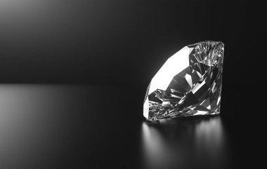 Saf siyah arkaplanda parıldayan parlak yuvarlak kesimli bir elmas..