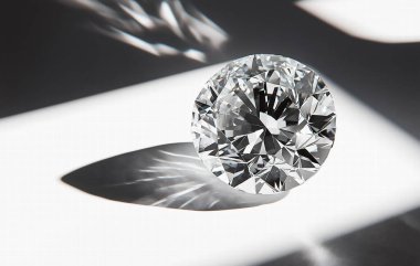 Saf siyah arkaplanda parıldayan parlak yuvarlak kesimli bir elmas..