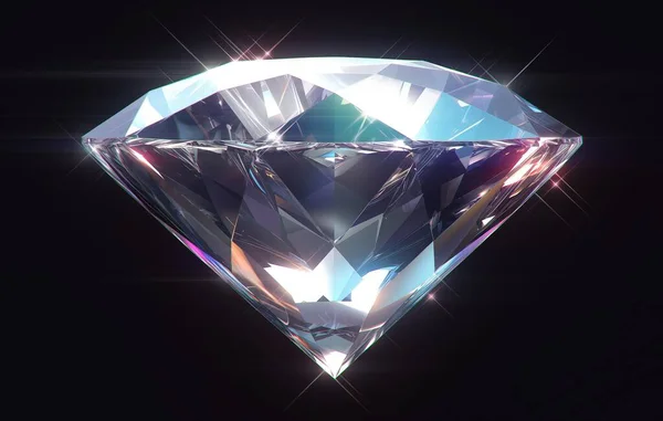 Saf siyah arkaplanda parıldayan parlak yuvarlak kesimli bir elmas..