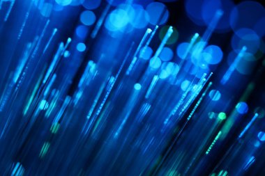 Karanlık bir zemin üzerinde dikey, yoğun mavi fiber optik ipliklerin soyut yakın çekimi, veri ve yüksek teknoloji bağlantısını öneriyor..