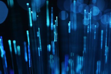 Karanlık bir zemin üzerinde dikey, yoğun mavi fiber optik ipliklerin soyut yakın çekimi, veri ve yüksek teknoloji bağlantısını öneriyor..