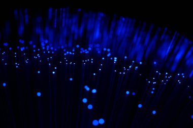 Karanlık bir zemin üzerinde dikey, yoğun mavi fiber optik ipliklerin soyut yakın çekimi, veri ve yüksek teknoloji bağlantısını öneriyor..