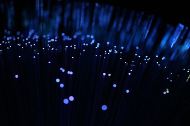 Karanlık bir zemin üzerinde dikey, yoğun mavi fiber optik ipliklerin soyut yakın çekimi, veri ve yüksek teknoloji bağlantısını öneriyor..