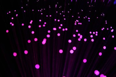 Zifiri karanlıkta parlayan parlak morumsu ve mor fiber optik iplikçiklerin canlı, soyut bir yakın çekimi..