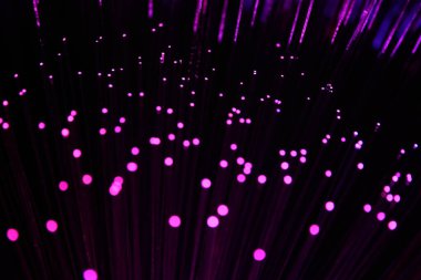 Zifiri karanlıkta parlayan parlak morumsu ve mor fiber optik iplikçiklerin canlı, soyut bir yakın çekimi..