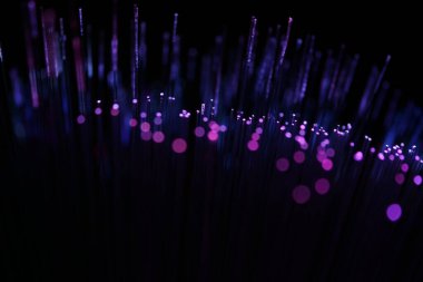 Zifiri karanlıkta parlayan parlak morumsu ve mor fiber optik iplikçiklerin canlı, soyut bir yakın çekimi..