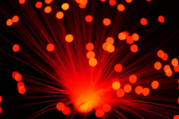 Kırmızı fiber optik ipliklerden oluşan soyut bir yakın plan, karanlık bir arka planda veri iletimi ve fütüristik teknoloji öneriyor..