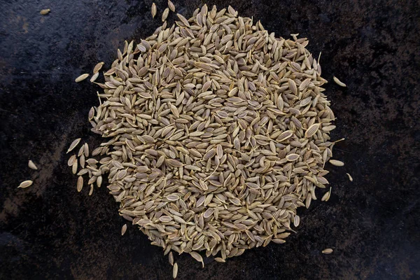 Siyah tava desenli arka plan üzerinde daire şeklinde sıralanmış kimyon tohumu