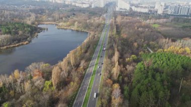 4K insansız hava aracı, göl ve orman arasındaki ağaçlık bir bulvarın üzerinden geçiyor. Hafif trafik, parlak sonbahar renkleri, açık gün ışığı ve uzakta bir yerleşim yeri.. 