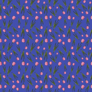   Pembe laleli kusursuz desen mavi arka planda.