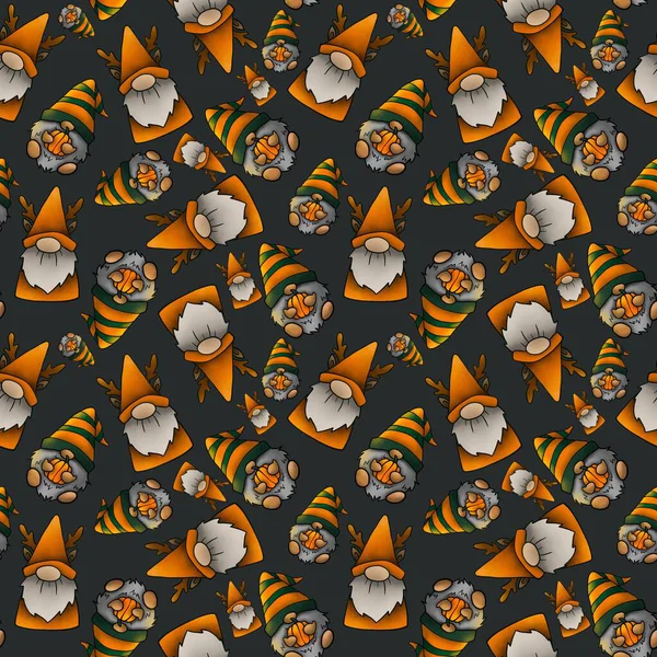   Yeşil Arkaplanda Turuncu Cücelerle Kusursuz Desen