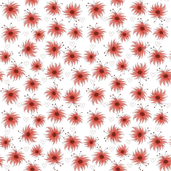   Beyaz arka planda kusursuz desen ve stilize kırmızı çiçekler.