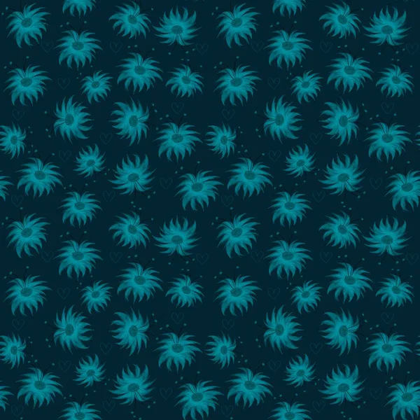   Koyu mavi arkaplanda kusursuz desen ve stilize mavi çiçekler.