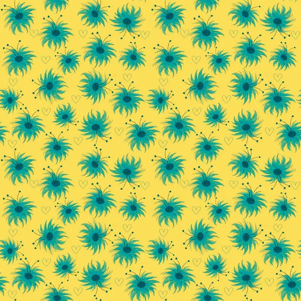 Biçimlendirilmiş mavi çiçeklerle sarı arka planda kusursuz desen